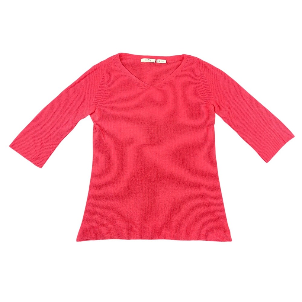 Neiman Marcus Cashmere Collection Sweater Womens M Red Ribbed V-Neck 3/4 Sleeve
